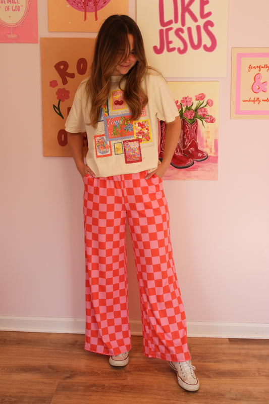 High Waist Checkered Wide Leg Knit Pants