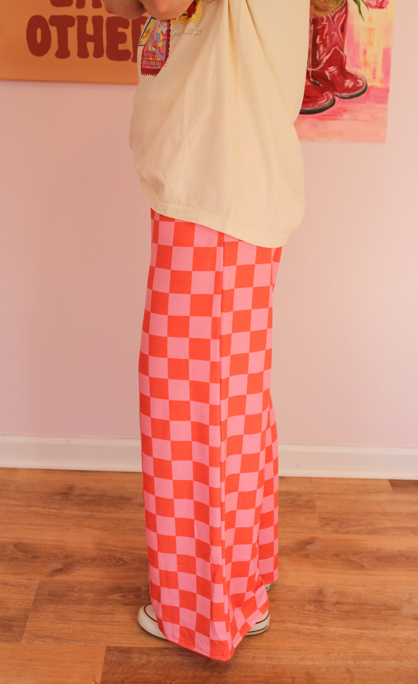High Waist Checkered Wide Leg Knit Pants