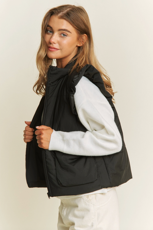 Ruffle Shoulder Puffer Vest - Black
