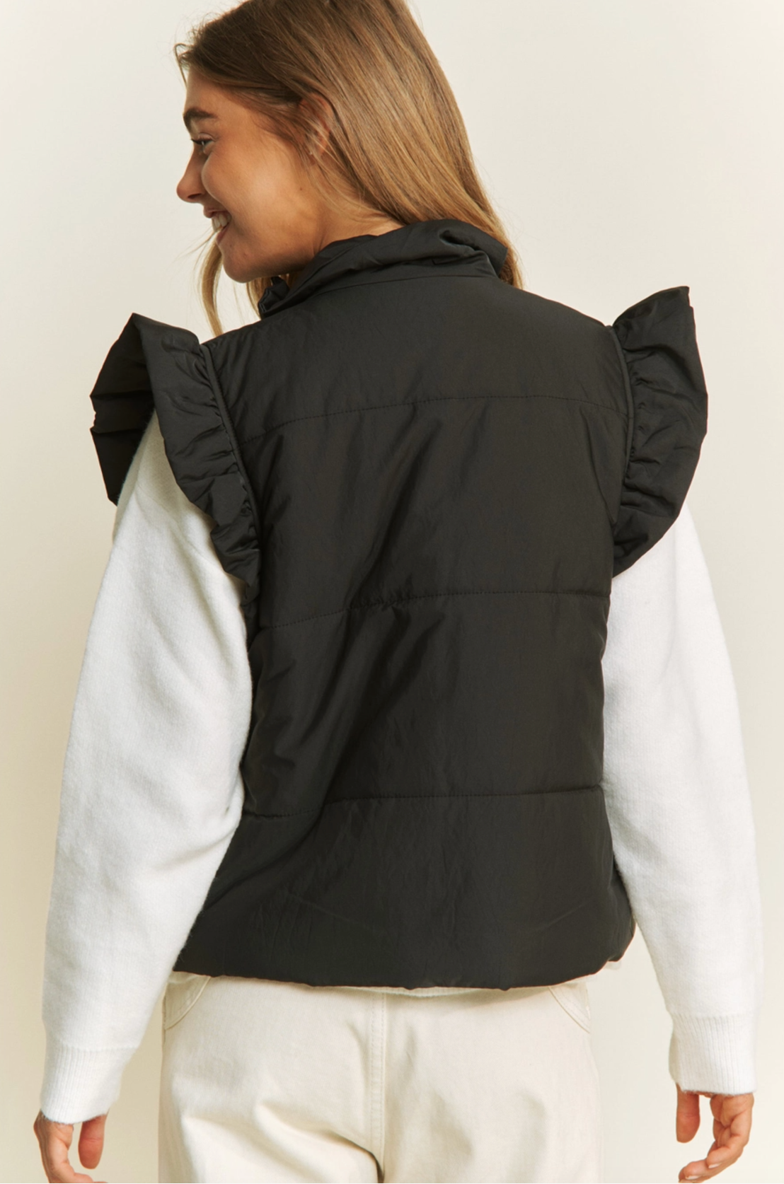 Ruffle Shoulder Puffer Vest - Black