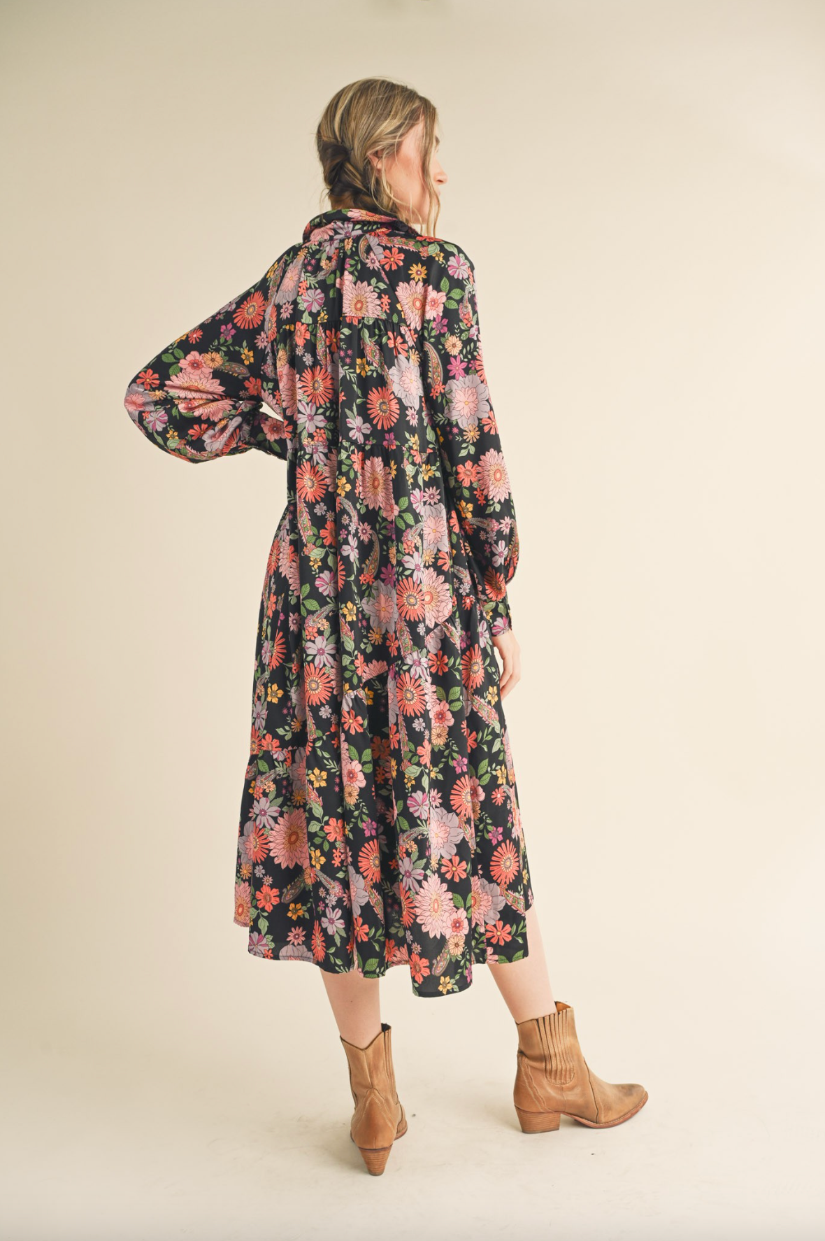 Black Floral Button Down Midi Dress