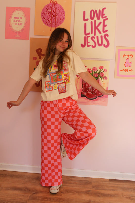 High Waist Checkered Wide Leg Knit Pants