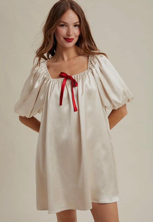 Winter White Puff Sleeve Mini Dress