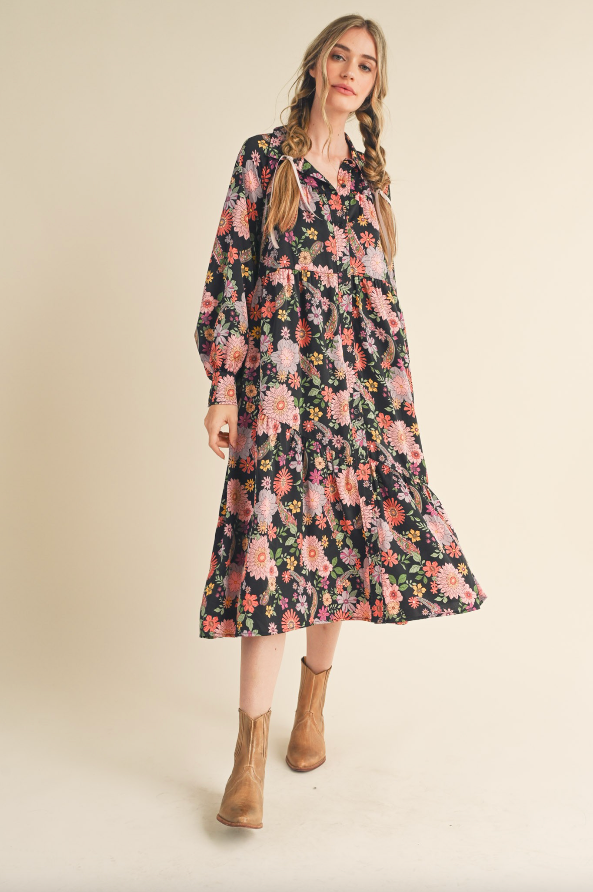 Black Floral Button Down Midi Dress