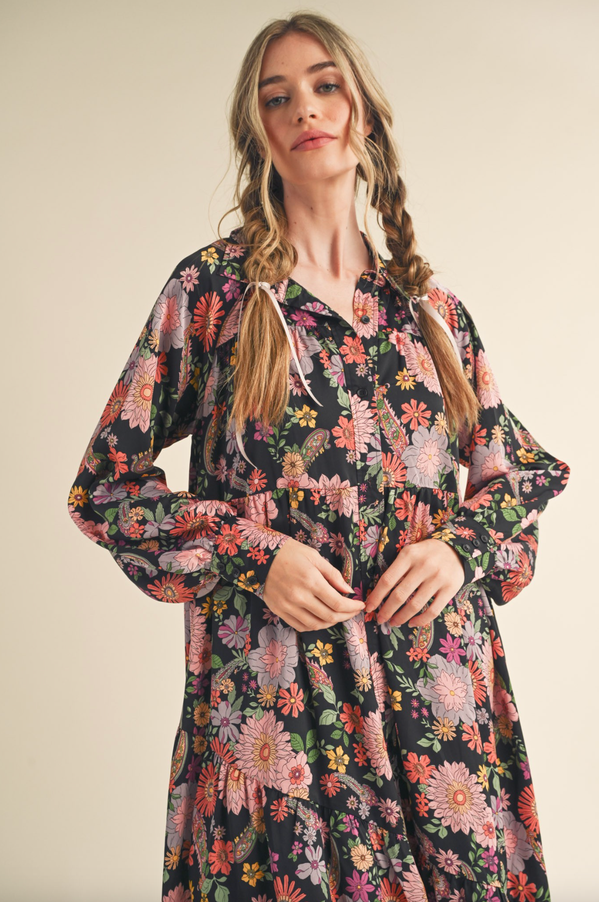 Black Floral Button Down Midi Dress