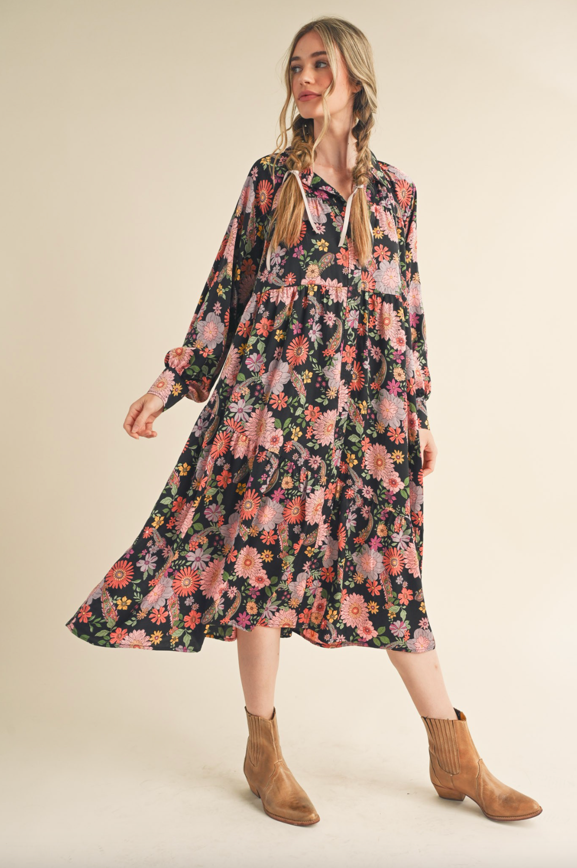 Black Floral Button Down Midi Dress